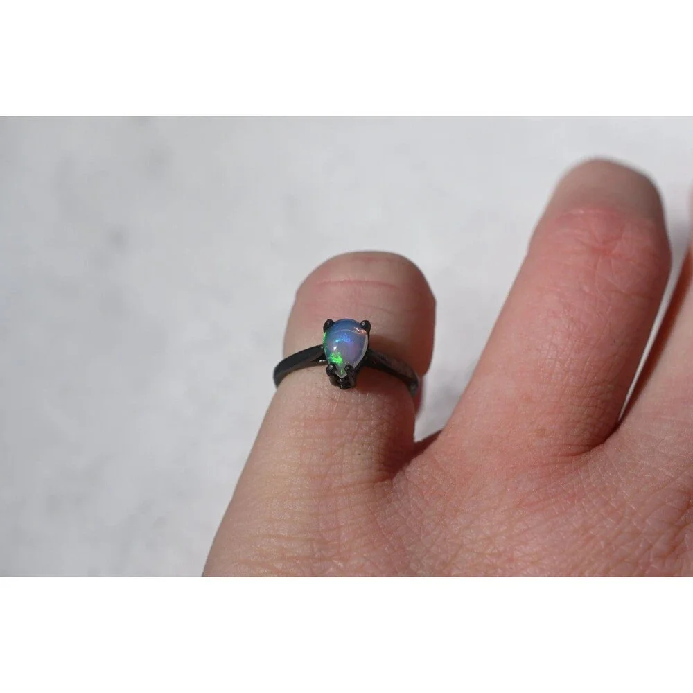 Pear Opal Engagement Ring, Natural Ethiopian Opal, Sterling Silver (Size 5)
